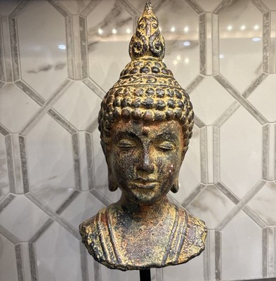 Tibetan Buddha Siddhartha Gautama Head Bust Hand Weathered Faux Finish 16'' High