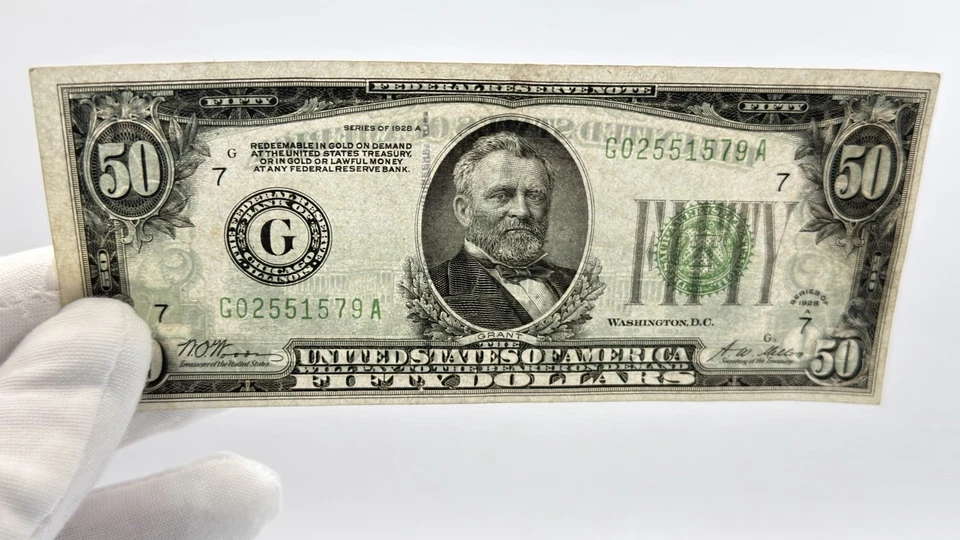 1928-A $50 Fifty Dollar US Federal Reserve Note FRN Chicago Banknote Fr 2101-G - Image 3 of 4