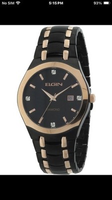 Elgin Diamond FG8021 Black Gold Trim Analog Stainless Mens Wrist