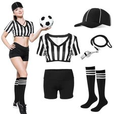 Women’s Referee Costume Stripe Shirt Shorts Hat Whistle Football Soccer Cosplay
