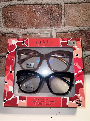 NICOLE MILLER 2-PK PREMIUM BLUE LIGHT FILTER READING GLASSES READERS +1.50 NEW - Afbeelding 2 van 8