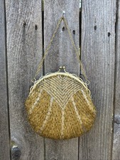 Vintage Gold Bead Clam Shell Purse Shoulder Evening Bag Gold Tone Chain READ