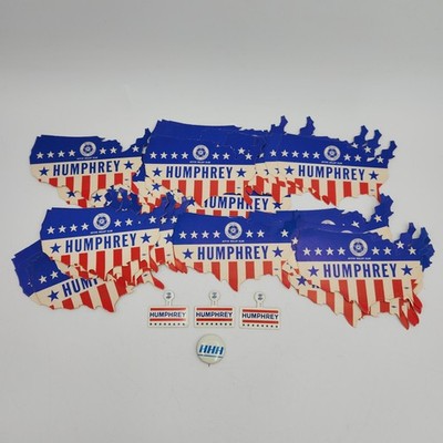 Humphrey Presidential Campaign Material Lot USA Map Stickers, Metal Badges, Pin