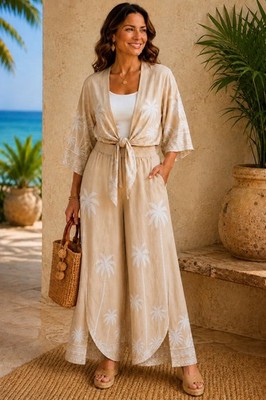 Kim Gravel Palm Tree Print Coordinated Set L/XL Linen Blend Resort Bellissima