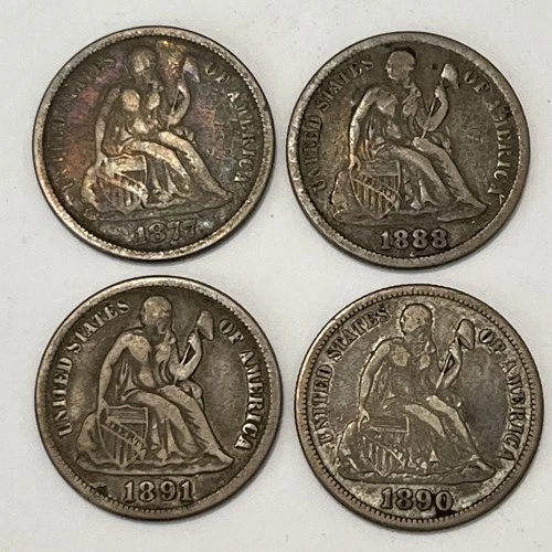 1877 S, 1888, 1890 S, 1891 S 10c Seated Liberty Dime Silver 4 Coins