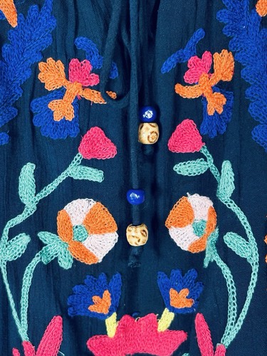 Soft Surroundings Women Banjara Embroidered Bohemian Peasant Blouse XS Navy READ - Picture 4 of 12