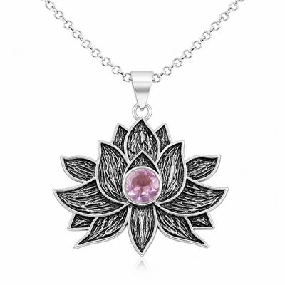 Natural Morganite 925 Sterling Silver Handmade Lotus Shape Necklace Pendant1.71" - Image 1 of 4