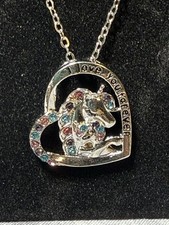 Necklace Unicorn Rhinestones Silvertone Heart Chain 17.5-19.5 I Love You Forever