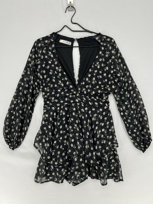 Vimi Moda Daisy Floral Romper Womens Small Black Sheer Tie Waist Boho Shorts
