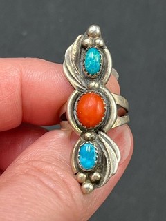 Vtg Native American Sterling Turquoise Coral Elongated Ring Sz 6 Signed C Davis