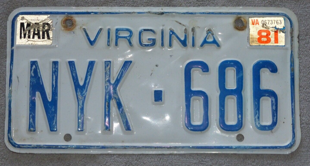 Vintage Virginia License Plate NYK 686 auto car metal man cave art