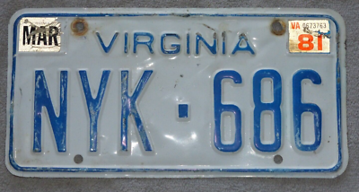 Vintage Virginia License Plate NYK 686 auto car metal man cave art