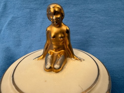 Vintage BW Porcelain Powder Vanity Jar Gold Topless Kneeling Lady Trinket Box - Picture 12 of 18
