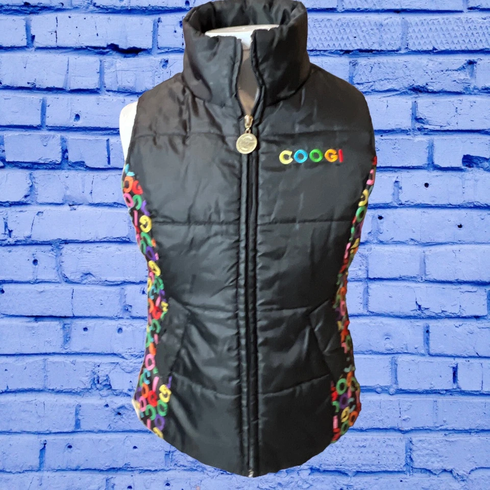 Vintage Coogi Womens Black Puffer Sleeveless Vest 80s 90s Colorful Logo Medium - Image 2 of 4