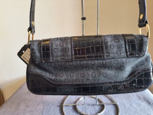 Guess Vtg Y2K Black Canvas Patent Embossed Leather Gold Hardware Bag $55 New - Picture 6 of 11