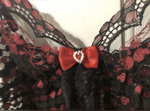 VTG Shirley Of Hollywood Sheer Lace Black W/Red Hearts Lingerie Set M - Picture 3 of 12