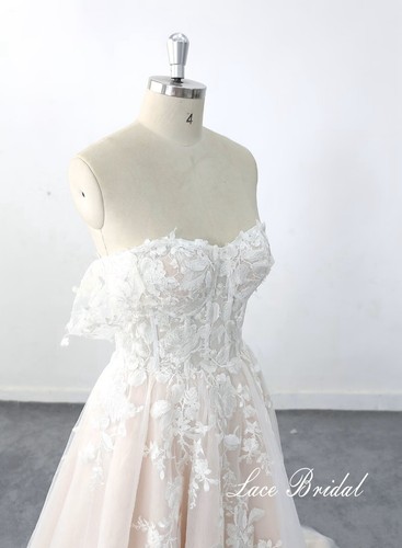 Timeless Floral Lace Wedding Dress Bridal Gown Champagne off Straps 2-28W Plus - Picture 6 of 8