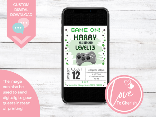 DIGITAL Video Game PERSONALISED Invites - Boys Gamer Gaming Birthday Party Green - Picture 4 of 5