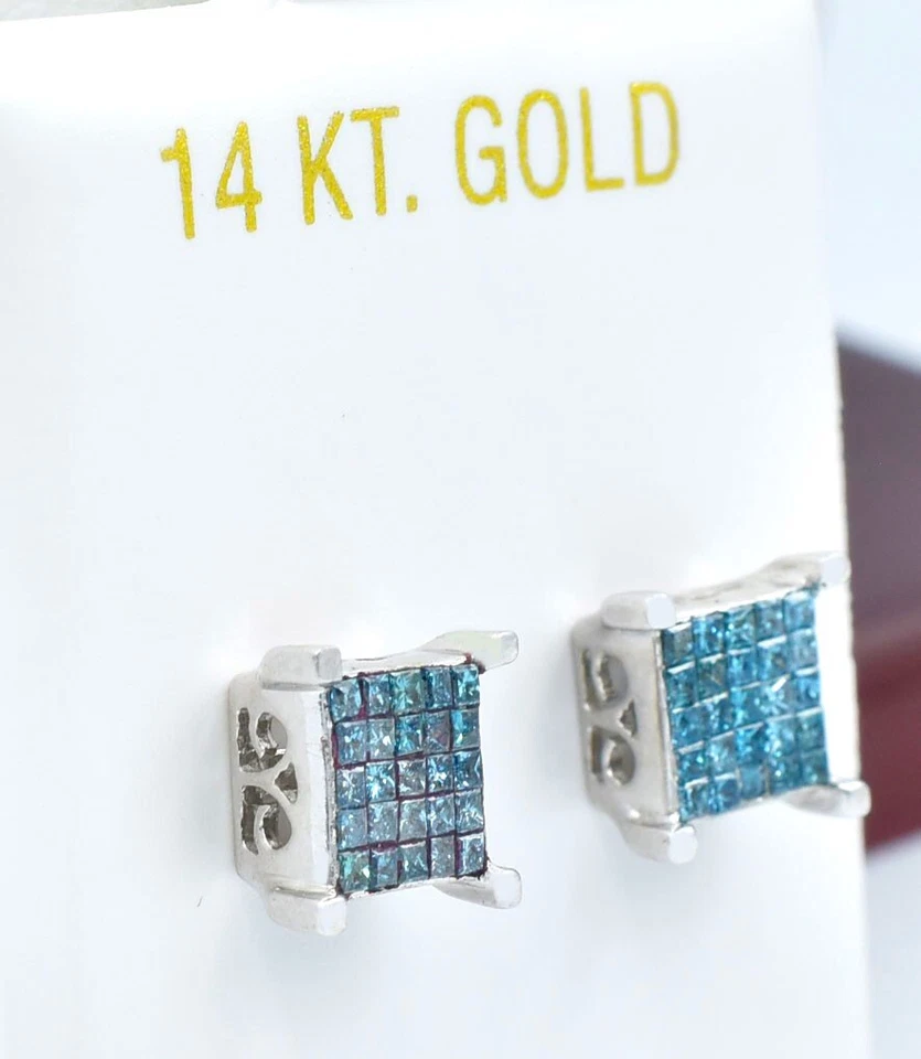 PENDIENTES DE DIAMANTES AZULES GENUINOS DE 1 QUILATE ORO BLANCO DE 14K - Nuevos con etiqueta Foto 3 de 3