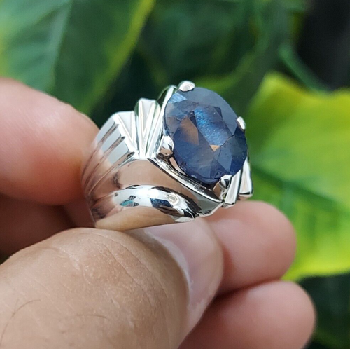 Handmade Ring Blue Sapphire Natural Neelam Stone Oval Cut Sapphire Ring For Men - Picture 3 of 7
