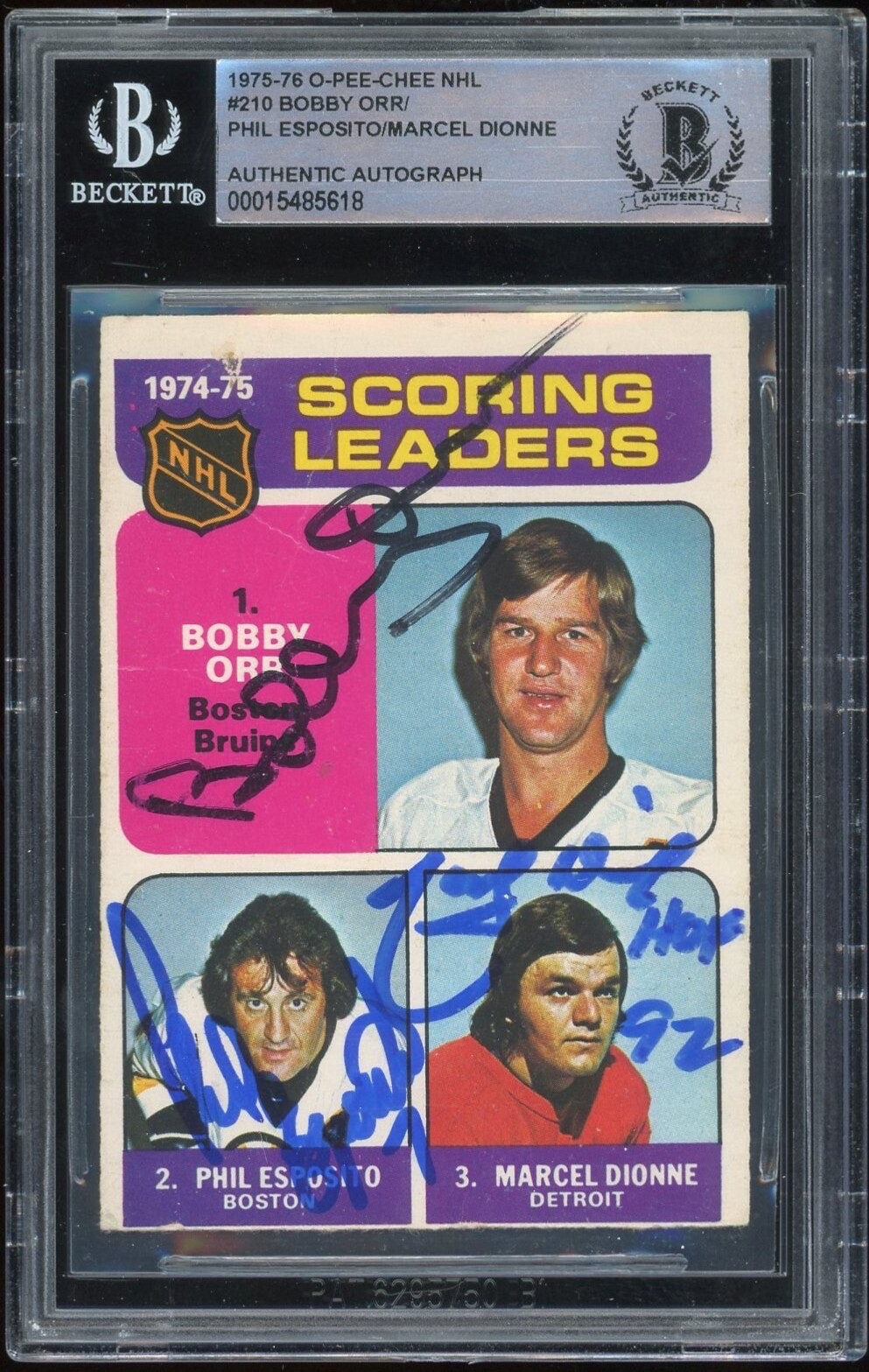 Bobby Orr Autographed Signed Boston Bruins Esposito Dionne 1975-76 O-Pee-Chee Card #210 OPC BAS Slabbed 