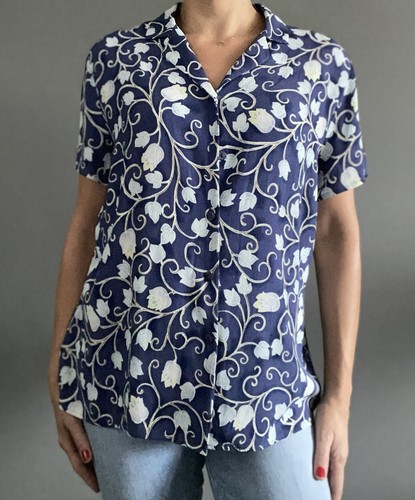M&S St Michael Vintage 70s Retro floral Print Blue White Blouse Shirt Size 18 - Picture 11 of 12