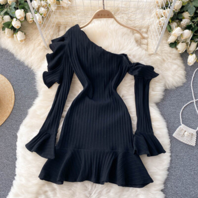 one shoulder long sleeve ruffle dress One shoulder Long sleeves Ruffles High Split Pink Prom Dresses