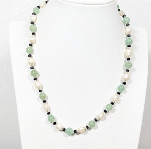 Beachy Coastal Green Stone White Pearl Black Glass Bead Necklace 18 inch - Picture 1 of 10