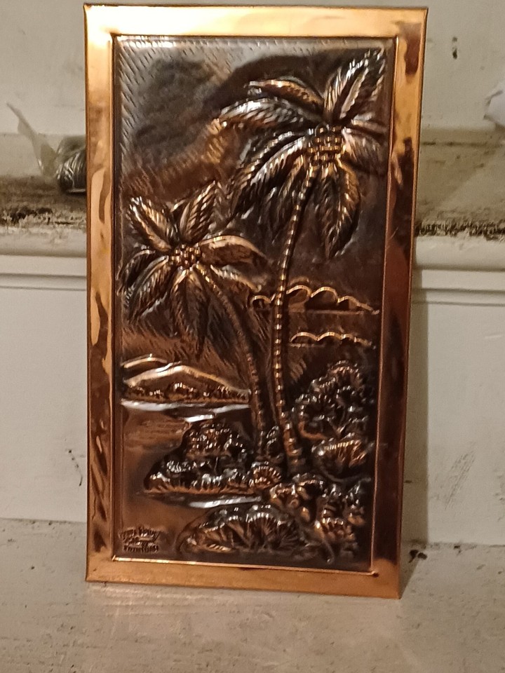 High Relief Copper Repousse Art Wall Plaque Palm Trees Signed R. Mungal