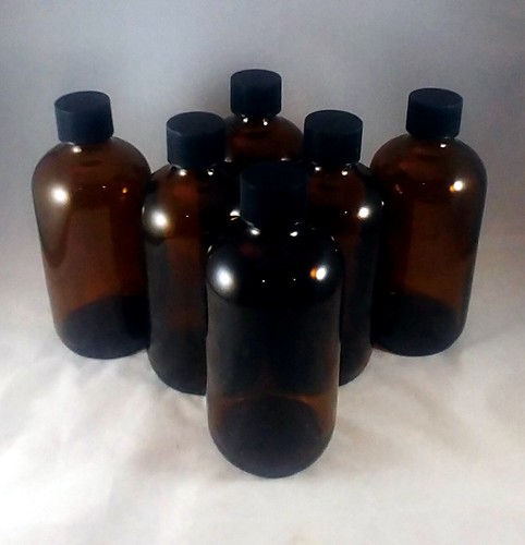 8 oz Amber Boston Round Glass Bottles w Caps, Sprayer, Lotion / Treatment Pumps - Picture 8 of 10
