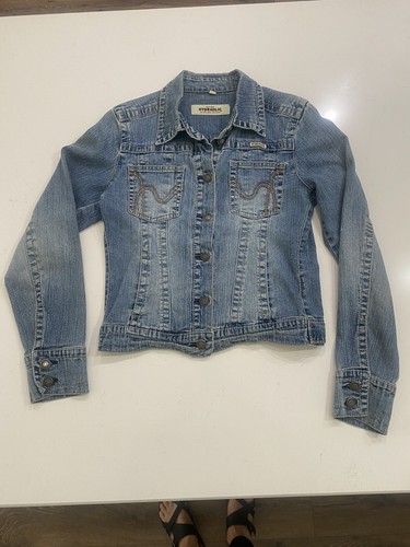 HYDRAULIC Girl's L Cropped Stretch DENIM BLUE JEAN JACKET Distressed Cute !