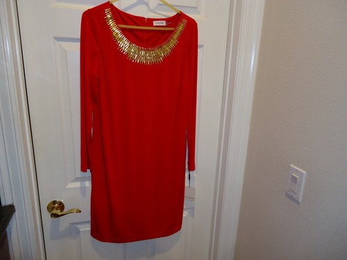 NEW Calvin Klein Red Sheath Dress Size 14 Gold Bead Trim at Neckline $119.00 - Picture 10 of 12