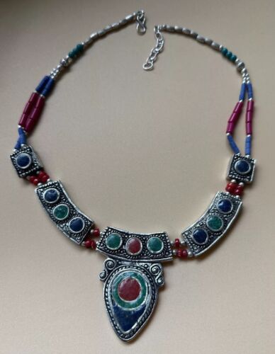 Sun King 925 Sterling Silver All Natural Stones Ethnic Middle East  Necklace - 第 1/24 張圖片