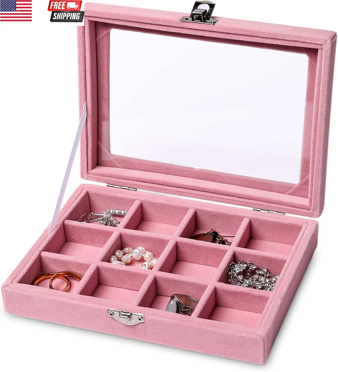 Jewelry Organizer Tray with Clear Lid,12 Grid Velvet Drawer Insert Jewelry Stora-image