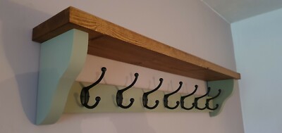 Holzgarderobe mit Ablage 7 schwarze Doppelhaken dunkle Eiche Wachs/französisches Grau