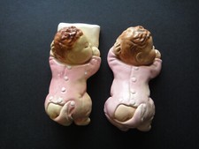 Vintage Chalkware Sleeping Twin Baby Girls Wall Hangers Nursery Infant Figurine
