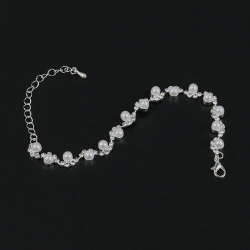 Sterling Silver Diamante Crystal Pearl Tennis Bracelet Cubic Zirconia Bangle - Picture 9 of 11