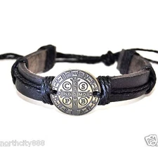 Black Men's Leather Bracelet Religious Catholic Saint St Benedict Medal protect