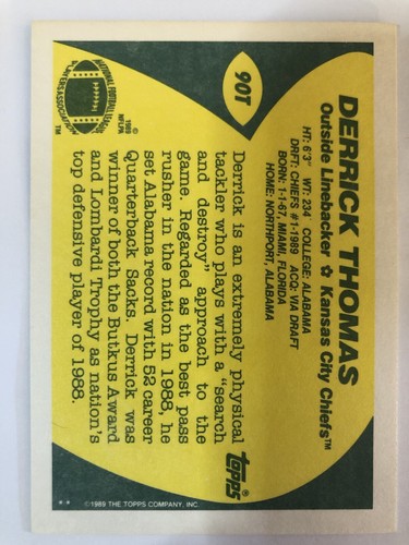 1989 Topps Traded DERRICK THOMAS #90T - RC - HOF - A894 - Picture 2 of 2