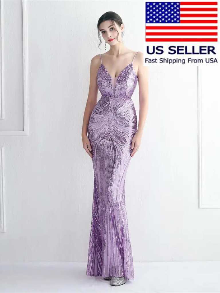 sequin dress fast shipping Elegant Women Sequin Long Mermaid Formal Evening Dress Girls Party Prom  Dress