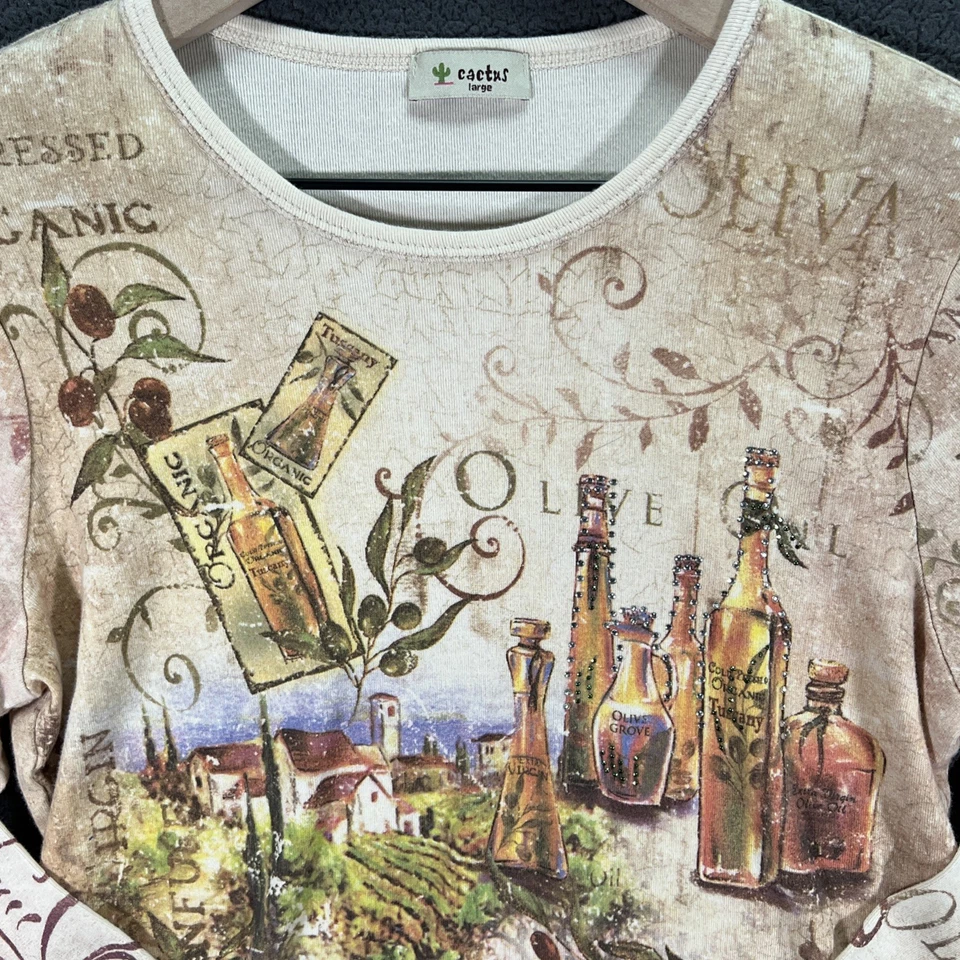 Camisa manga larga vintage de cactus para mujer talla grande adornada con aceite de oliva Y2K Foto 2 de 4