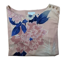 Charter Club Floral Top Gold Button Detail 3/4 Sleeve Blouse Pink Blue L NWT
