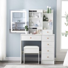 6 Drawers Makeup Table Vanity Dressing Desk Set with Mirror LED Lights and Stool