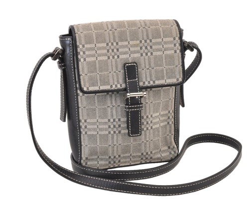 Authentic BURBERRY Check Shoulder Cross Body Bag Purse Canvas Leather Gray 731AB
