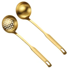 Gold Soup Ladle Colander Set, Long Handle Stainless Steel Kitchenware7522