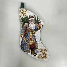 Vtg Santa Christmas Needlepoint Ornament Mini Stocking Holiday Farmhouse Country