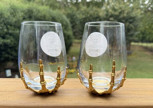 Two NEW Threshold Gold Skeleton Hand Halloween Spooky Stemless Wine Glasses 5” - Picture 1 of 5