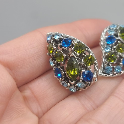 Orecchini Vintage Strass Blu Verde Clip On - Foto 9 di 10
