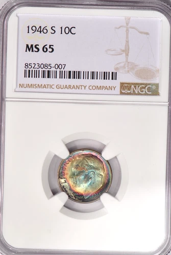 1946 S Toned Roosevelt Dime NGC MS 65 See Video Toning Silver Coin 10C