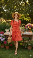 Love Whit Dress XS Red Rose Ruched Puff Sleeve Midi Cottagecore Fairy Soft Girl